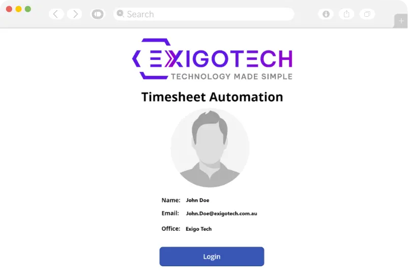 Login Page | Get best solution for Timesheet Automation Power App from Exigo Tech Australia