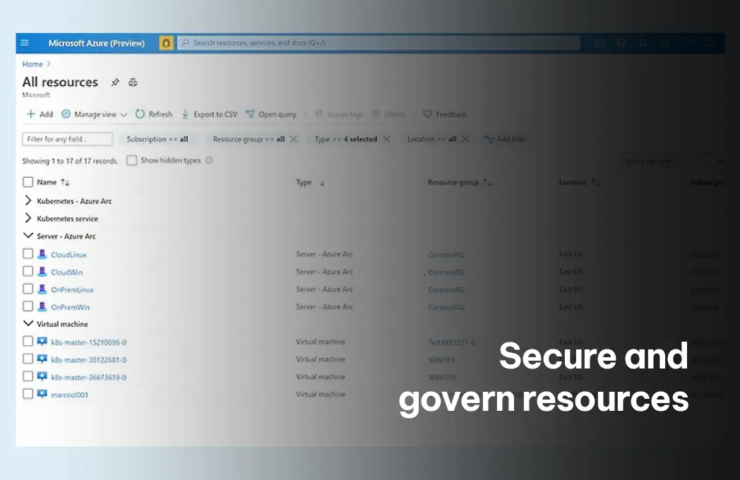 Azure Arc interface showing secure governance of resources, including Kubernetes and virtual machines, providing centralized management across on-premises, multi-cloud, and edge environments. Exigo Tech's Azure Arc service simplifies hybrid cloud management.