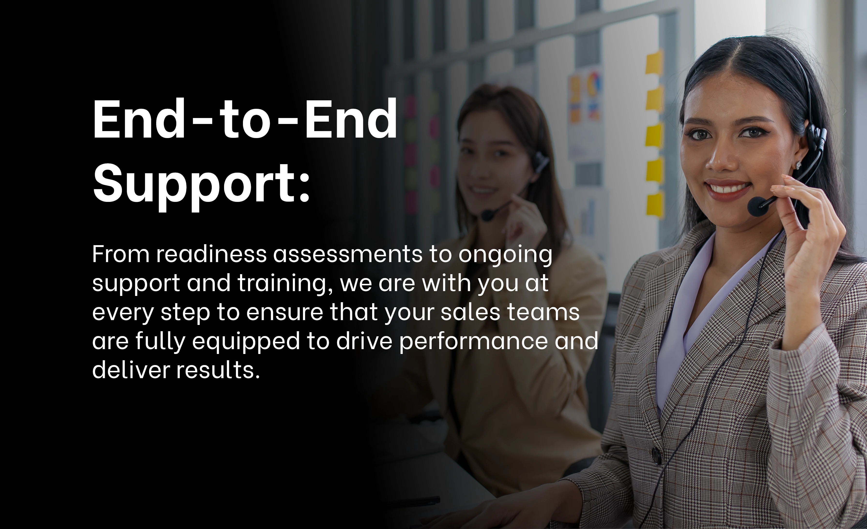 End to End Support: Smiling customer support professionals, representing Exigo Tech's end-to-end support for sales teams, from readiness assessments to ongoing training.