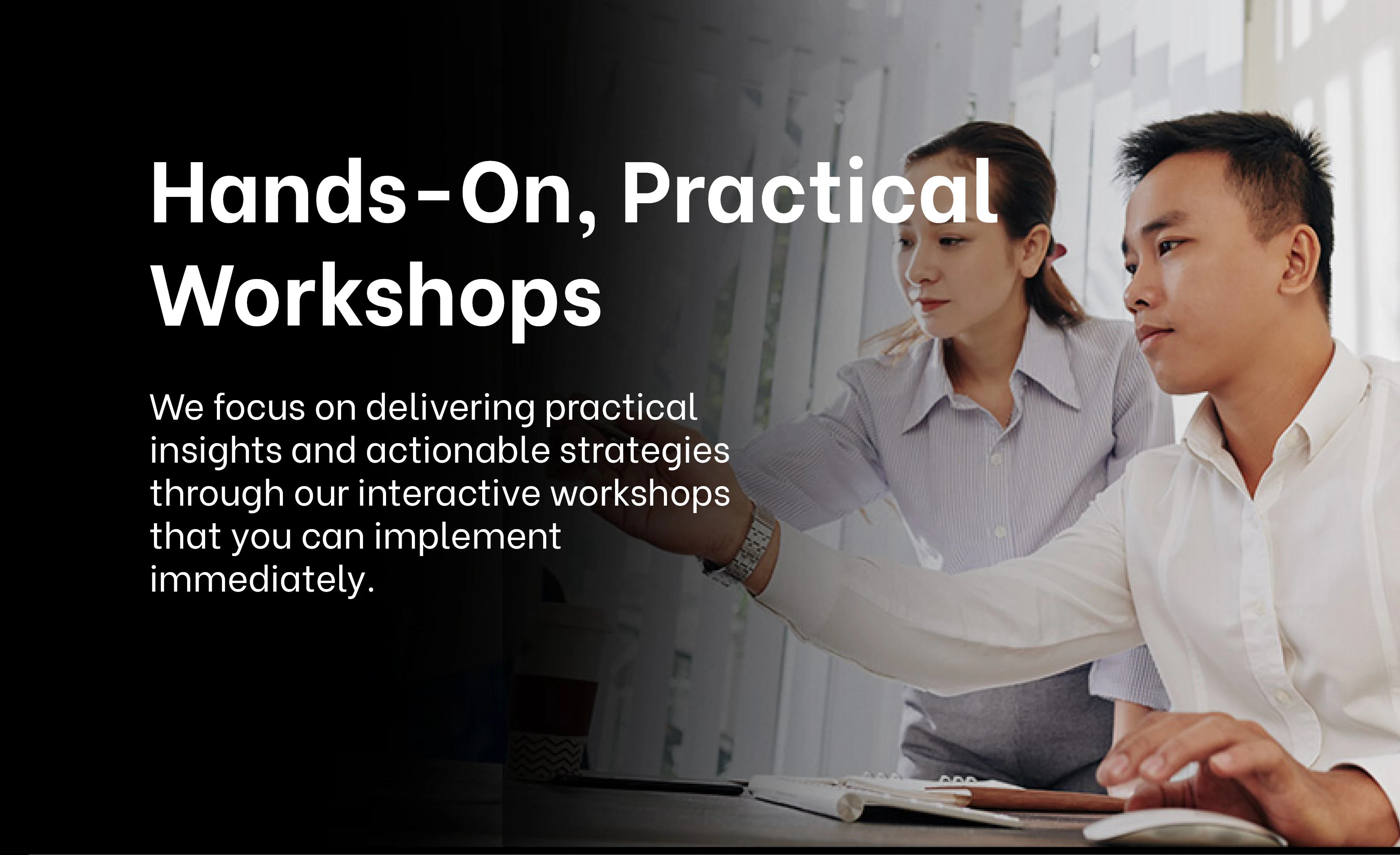 Exigo Tech highlights hands-on, practical workshops, showcasing a collaborative session between a facilitator and participant, emphasizing the delivery of actionable strategies for immediate implementation.