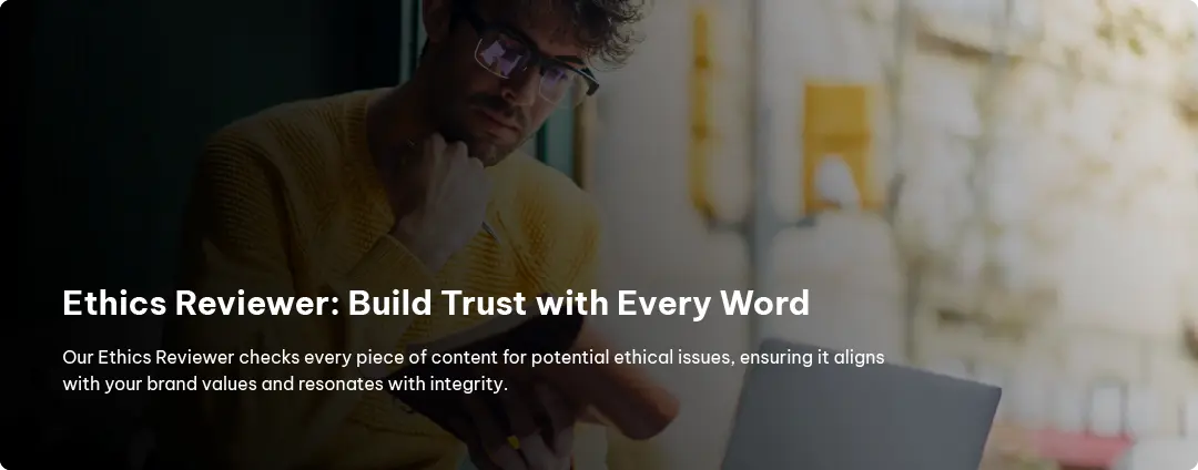 Person reviewing content for ethical alignment, representing Exigo Tech's Ethics Reviewer feature to ensure trust and integrity in content.