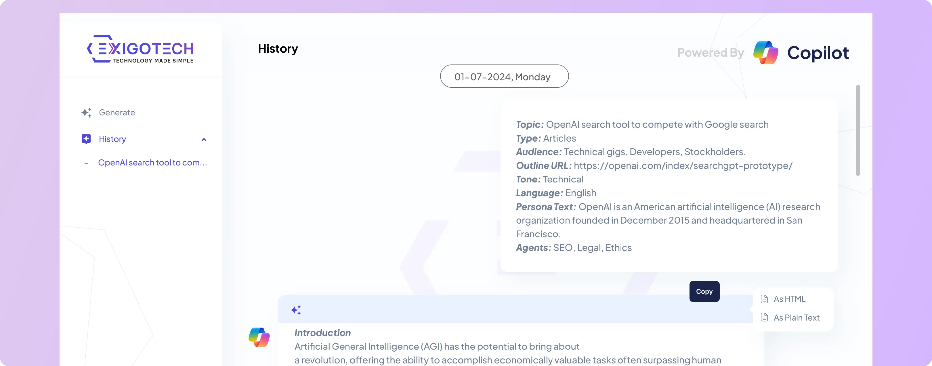 Exigo Tech AI Content Creator history panel showing a previously generated article with specific input details.