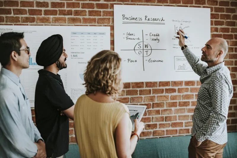 Exigo Tech Perks: A team brainstorming in front of a business strategy board, showcasing a culture of openness and innovation.